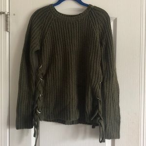 Lace up army green knit sweater